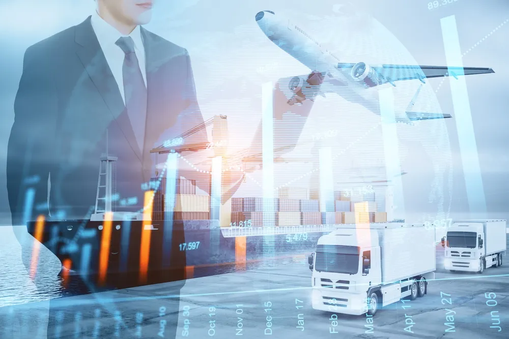 a man in a suit, a airplane, a container ship, and trucks all in front of a globe representing a freight broker
