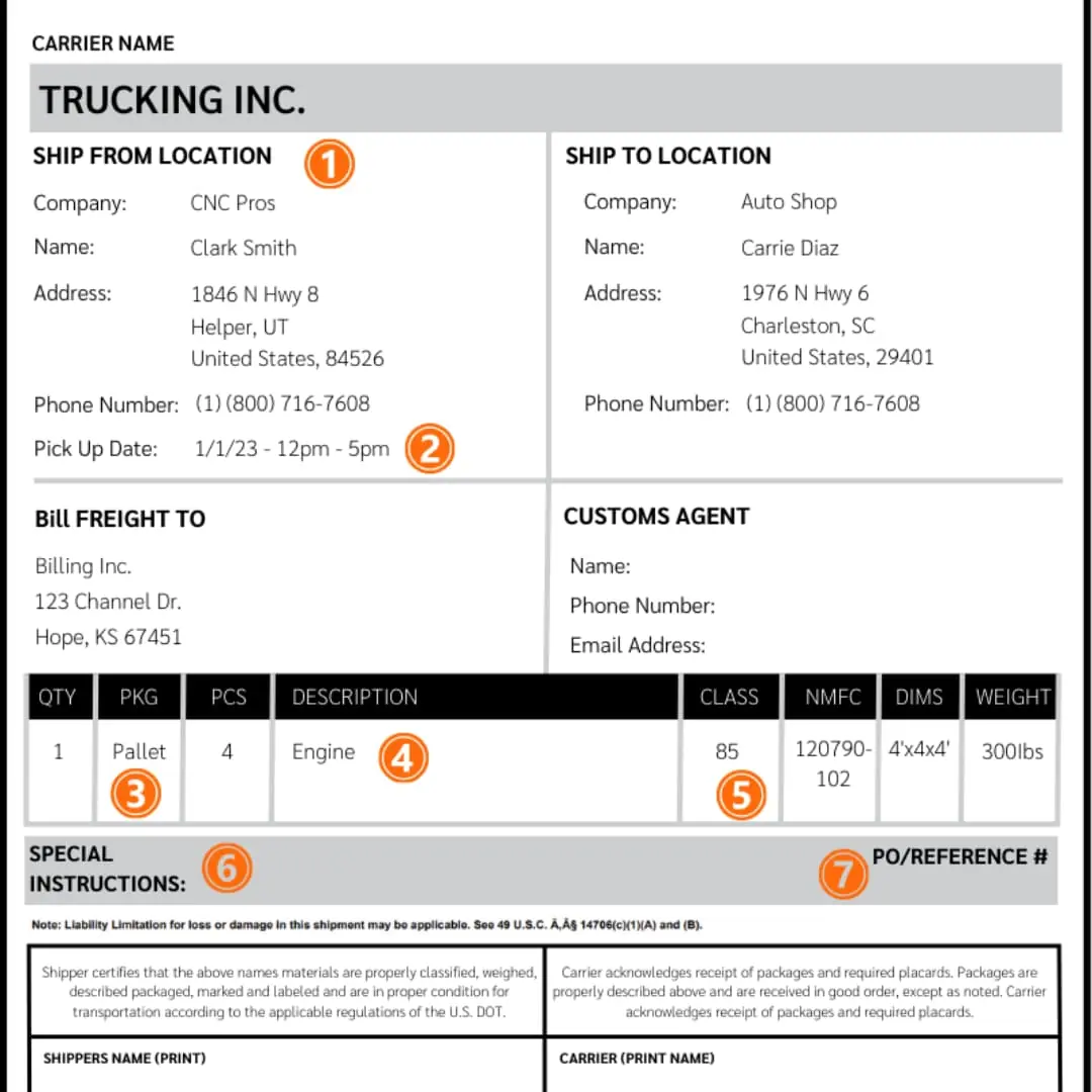 example image of a bill of lading or shipping
