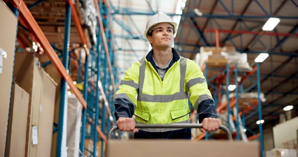 Outbound Logistics warehouse worker pushing dolly with cardboard boxes down aisle