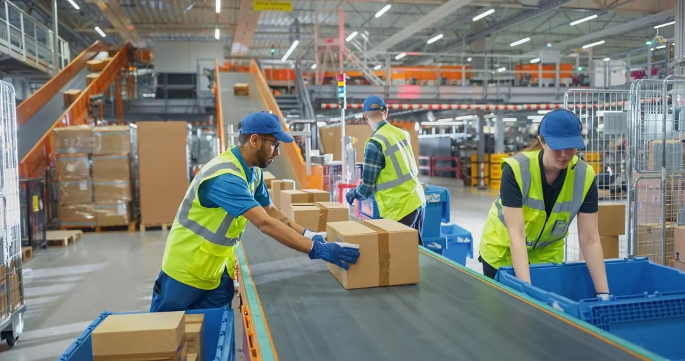 Outbound Logistics warehouse workers processing parcels for order fulfillment
