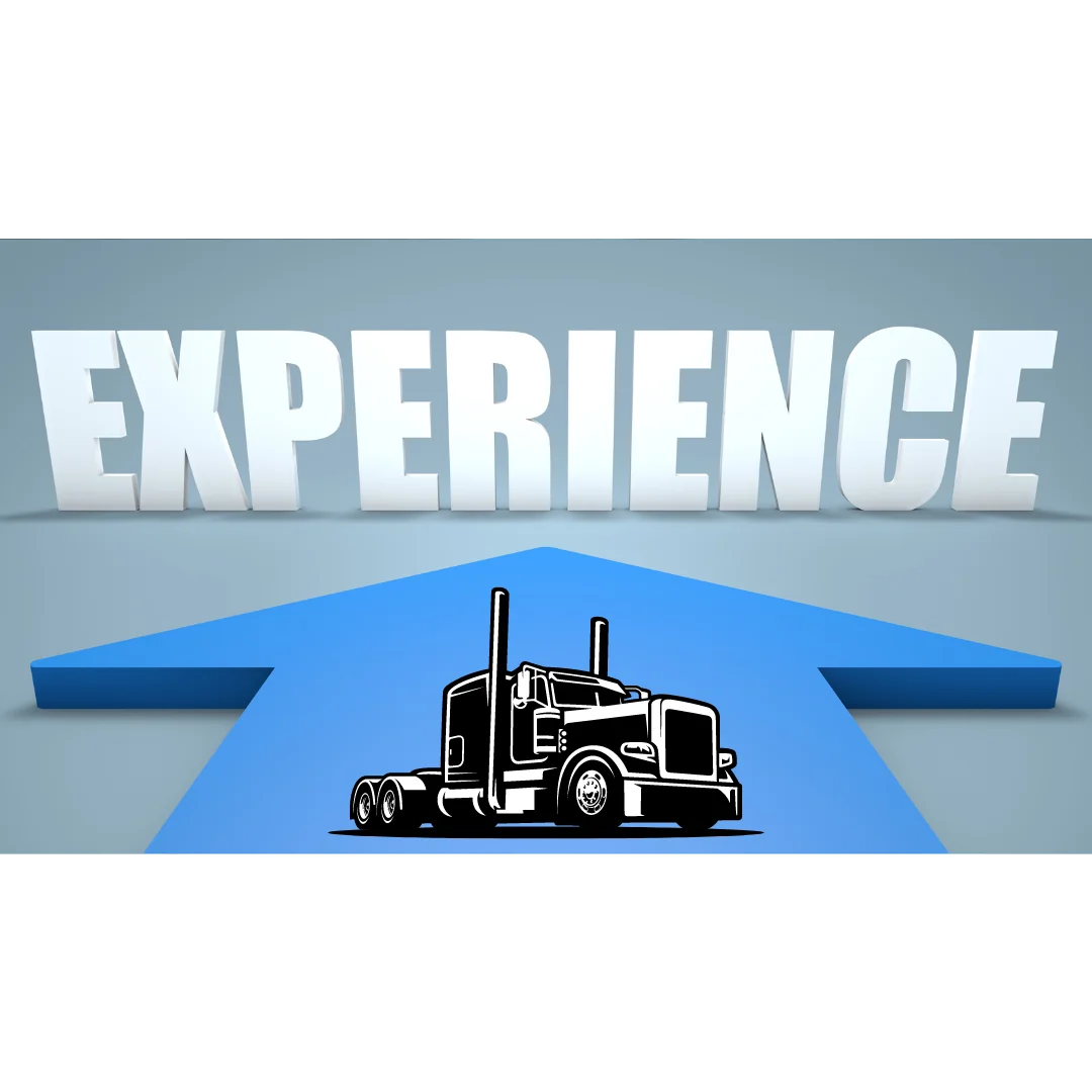 In big white letters the word experience with a blue arrow pointing towards it and a black semi truck in the middle of the arrow