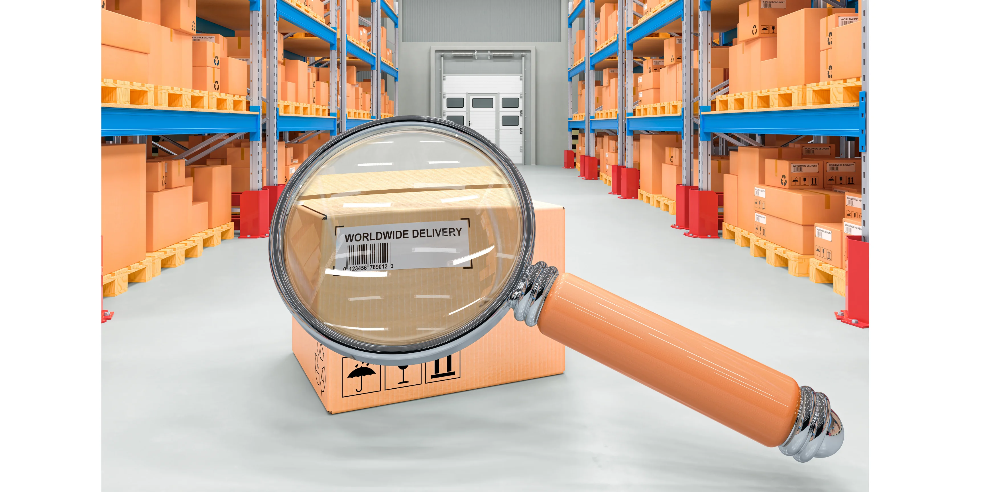 magnifying glass and shipping box in warehouse
