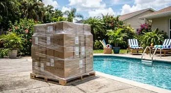 Summer Shipping Tips pallet of cardbaord boxes next to a pool during the summer PREVIEW VERSION