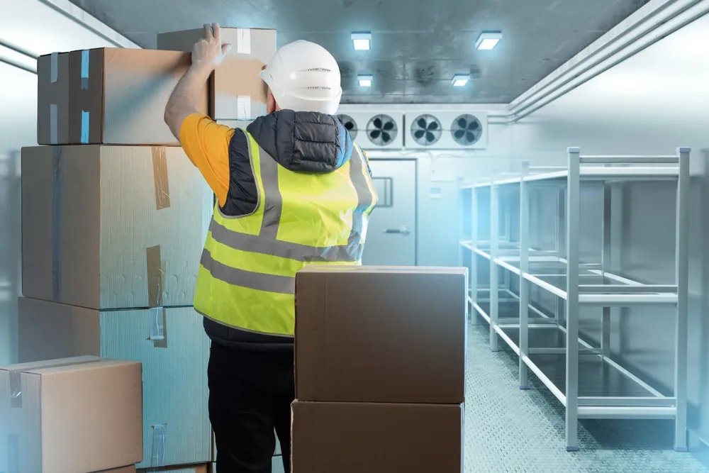 Summer Shipping Tips warehouse worker piling boxes on pallet in cold storage room in warehouse