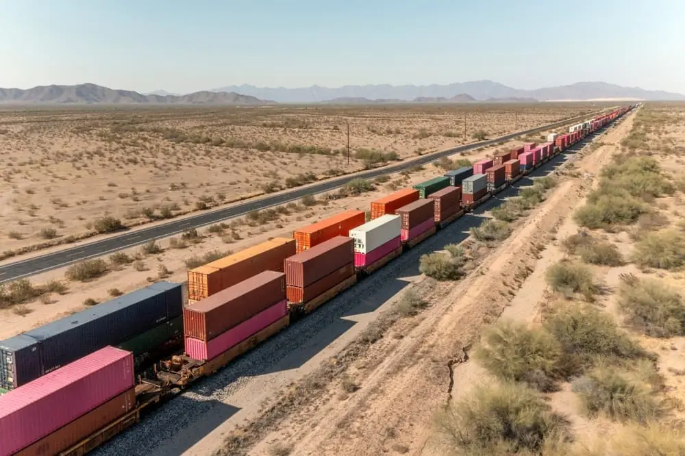 Train Robberies stacked containers on a train traveling through the desert