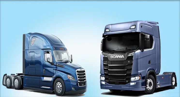two semi truck trailer cabs next to each other on a blue gradient background