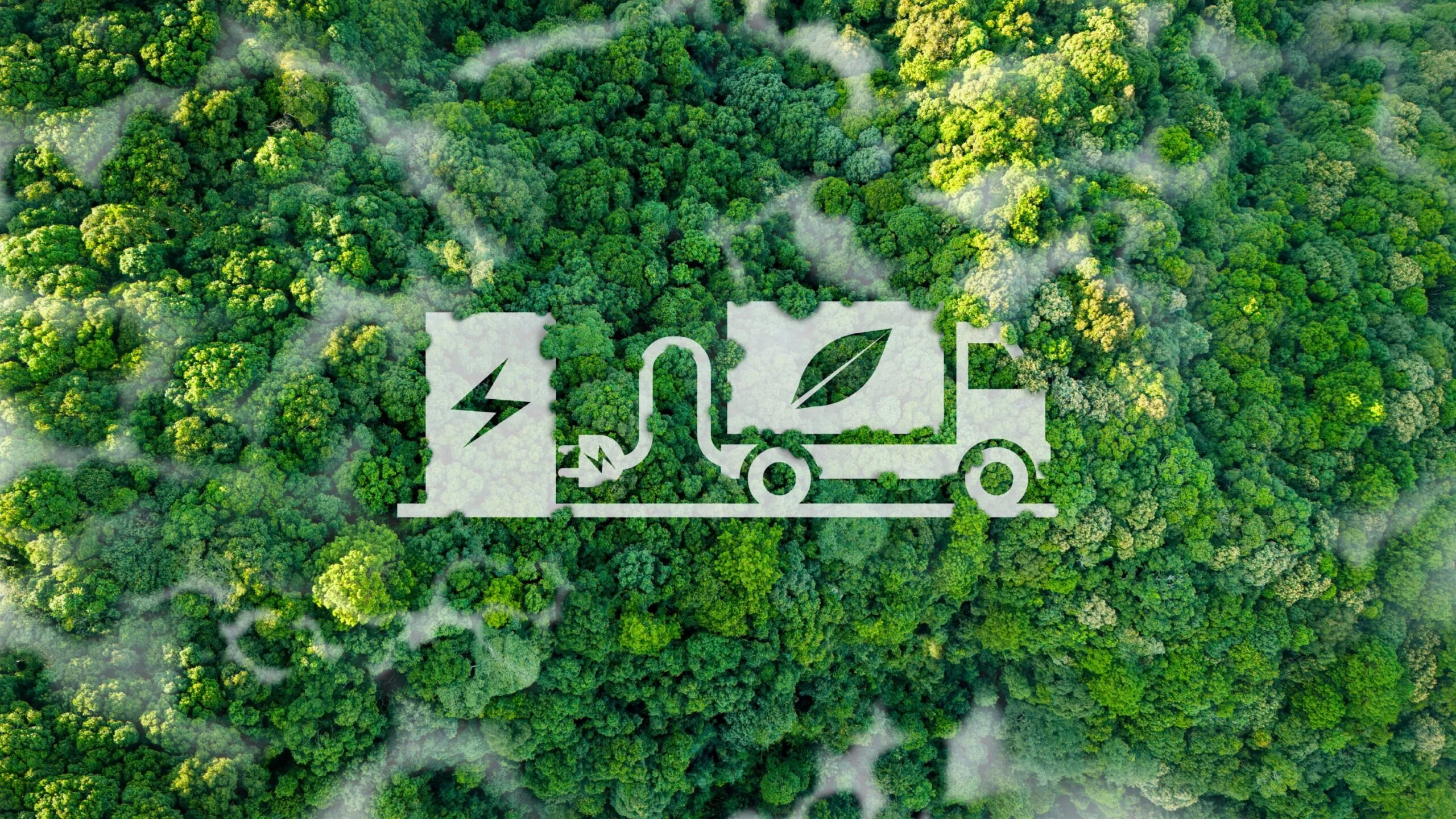 graphic of electric truck and charging port over top forest