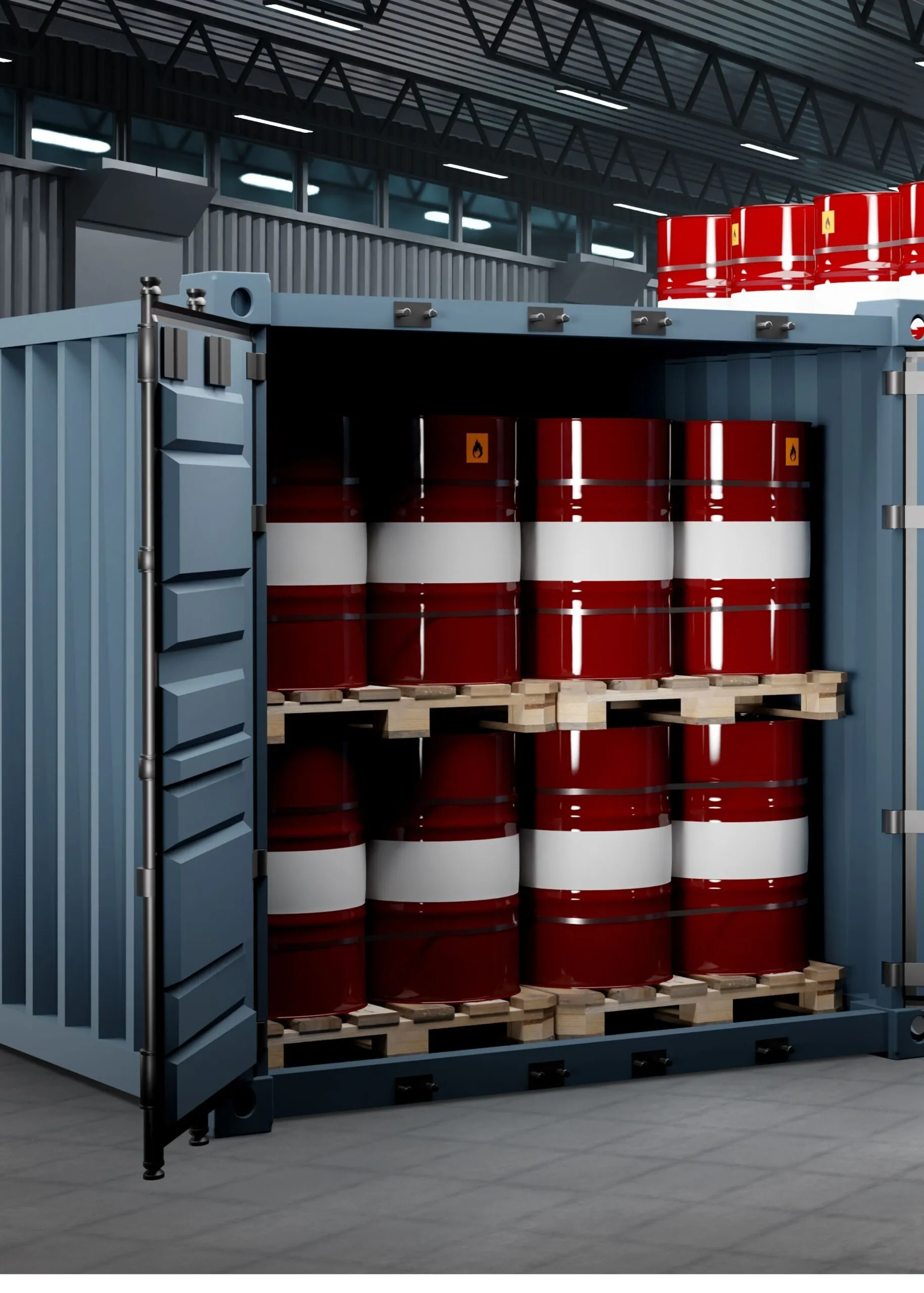 red barrels on pallets inside container