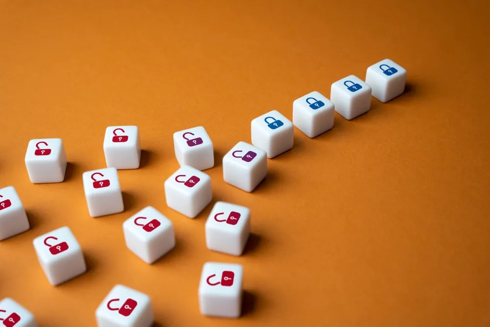 red and blue lock icons on white dice