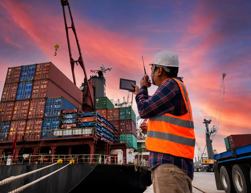 working man observing cargo ship