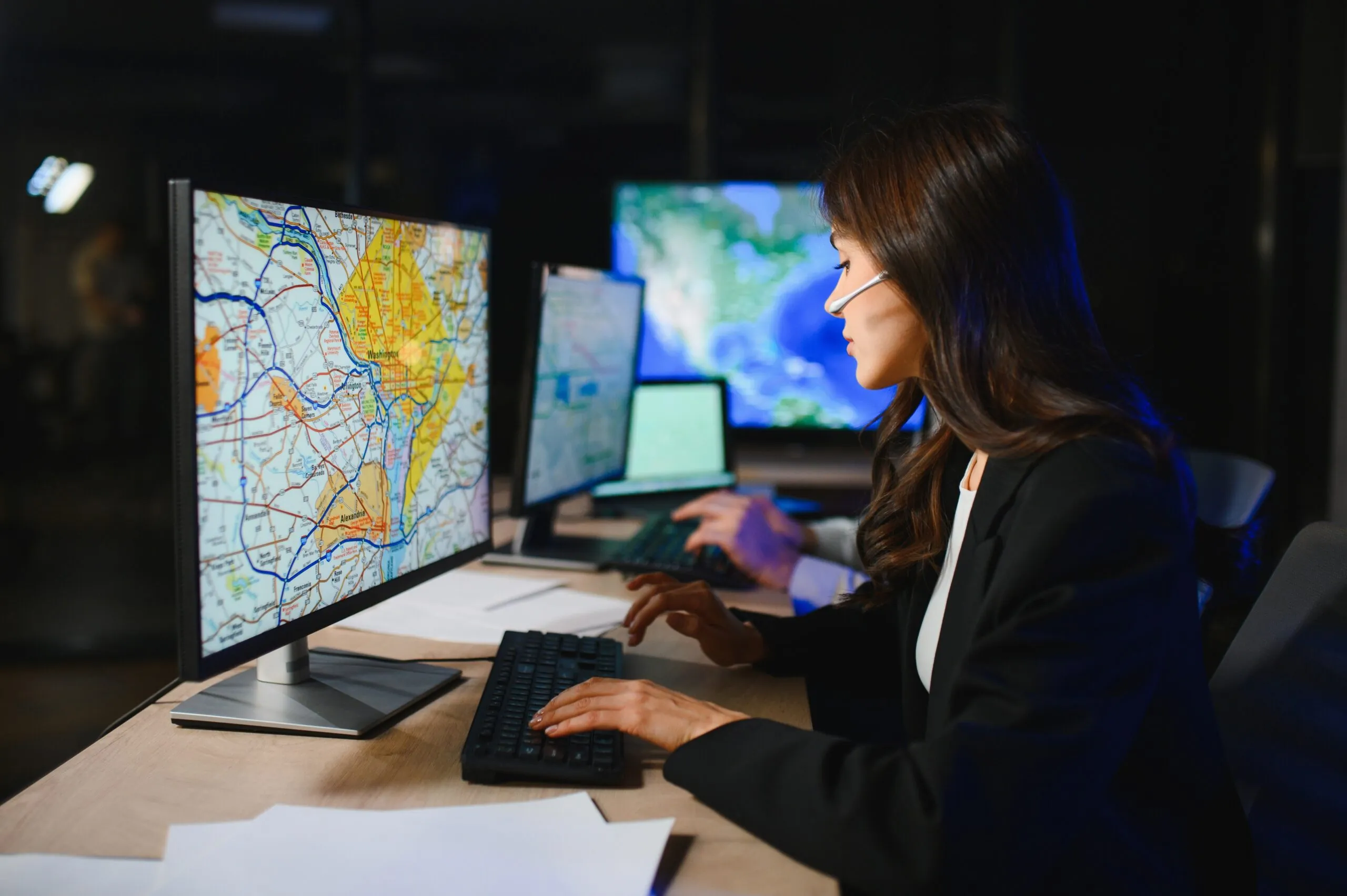 woman on computer monitoring freight routes and delivery