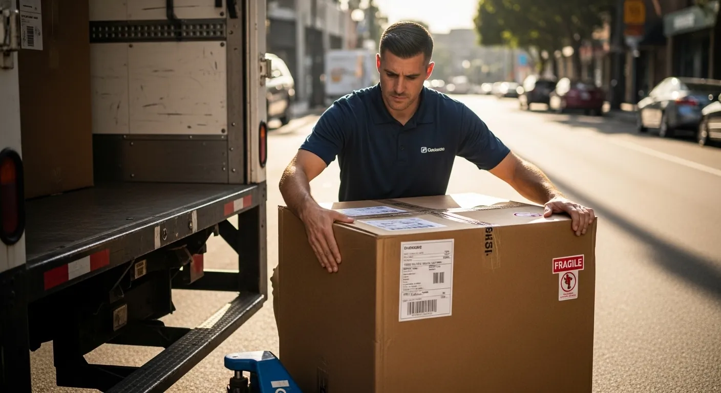 AI image of a man checking a freight package