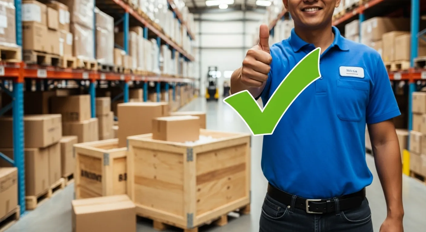 A man in a blue shirt holding a thumbs up with a green checkmark in a warehouse