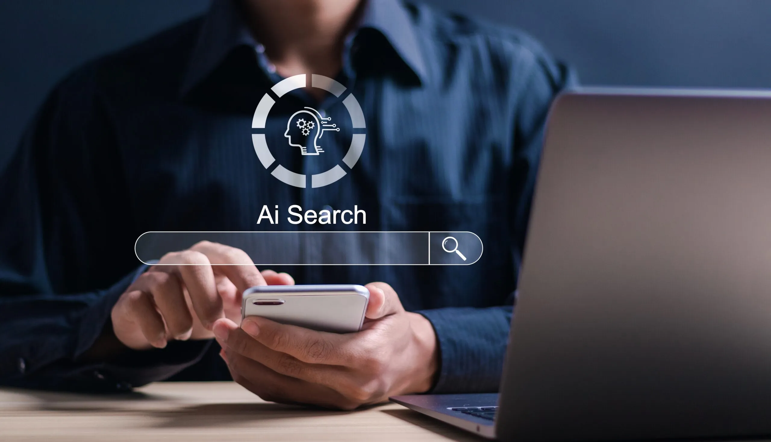 person typing on phone using ai search bar graphic