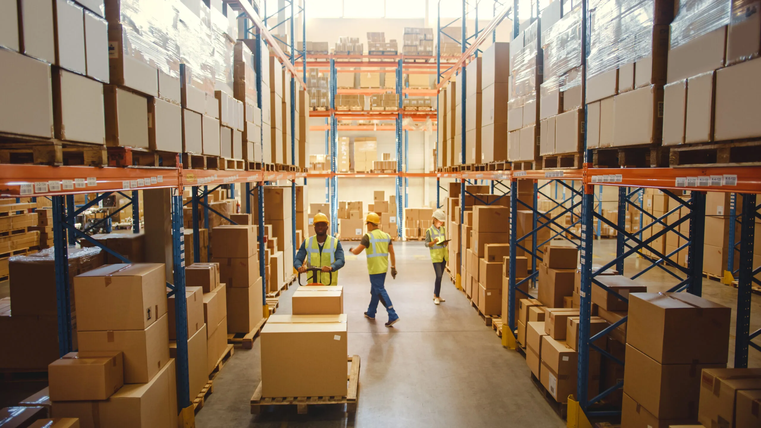 workers walking and transporting goods in warehouse