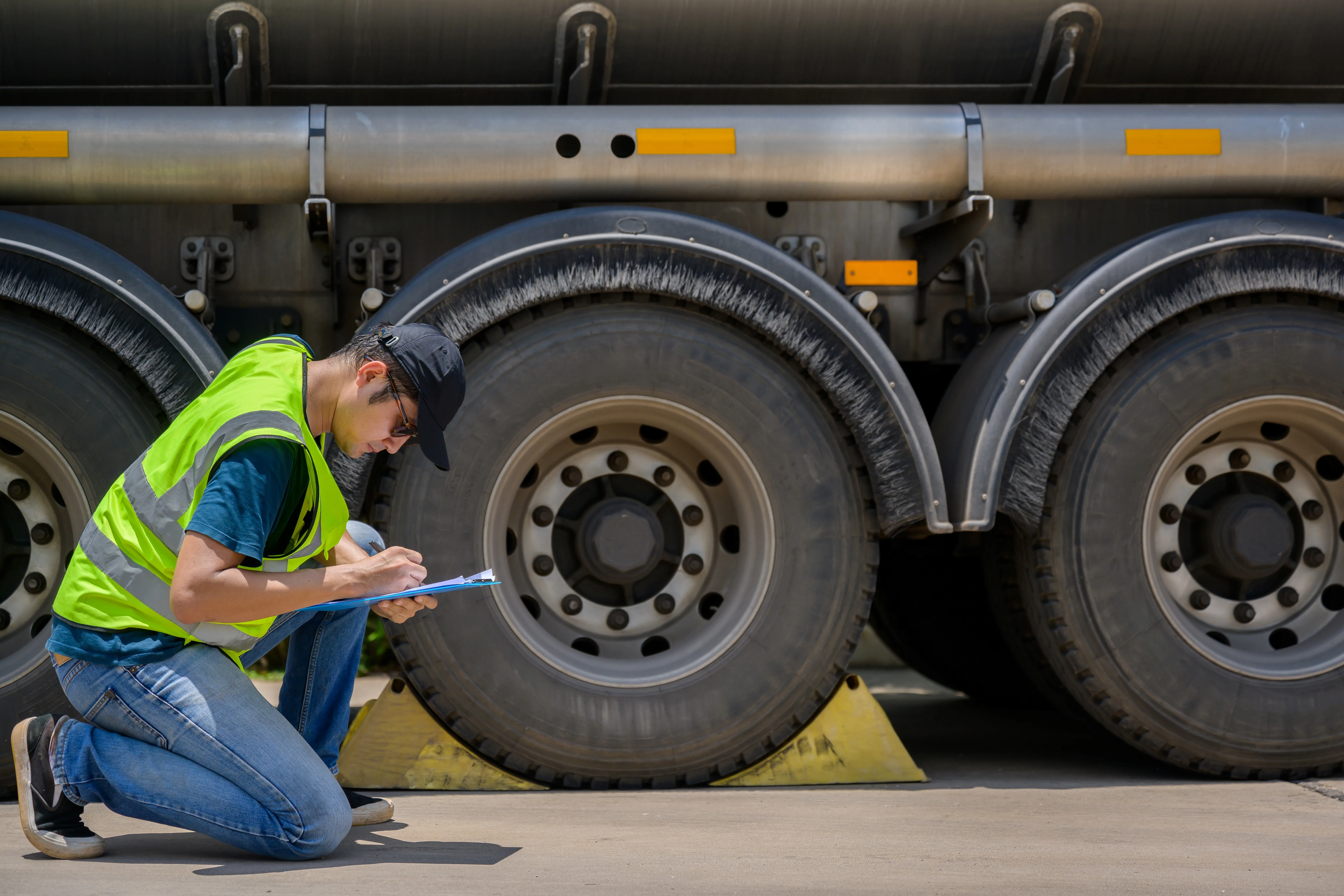 worker conducting inspection outside beside truck