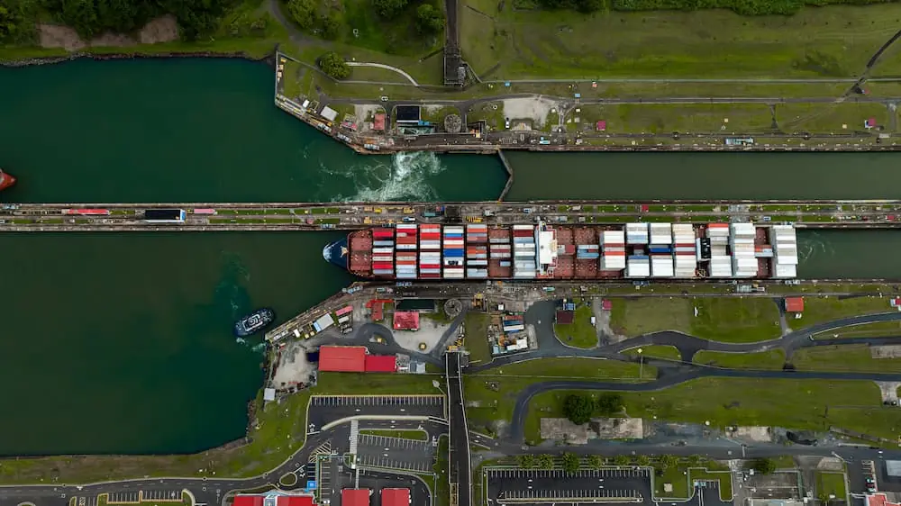 Industry News March 2026 topdown aerial view of container ship on the Panama Canal