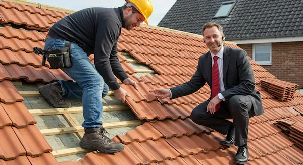 Salesman and a worker with roofing tiles