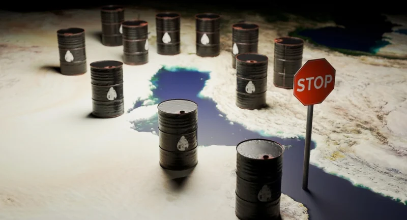 barrels on a map of the straight of Hurmuz