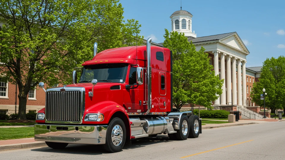 red semi truck parked in front of university