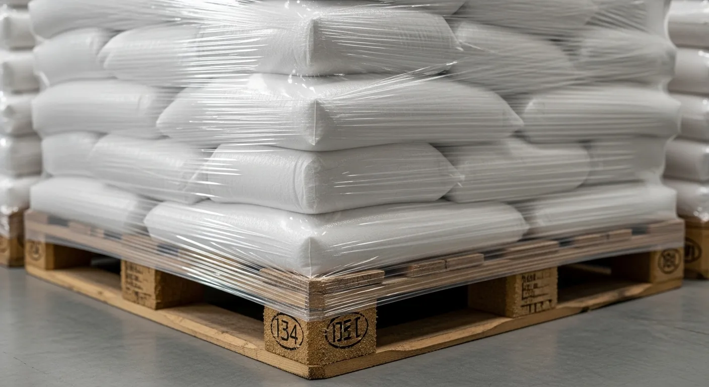 AI image of bagged salt palletized and wrapped for shipping.