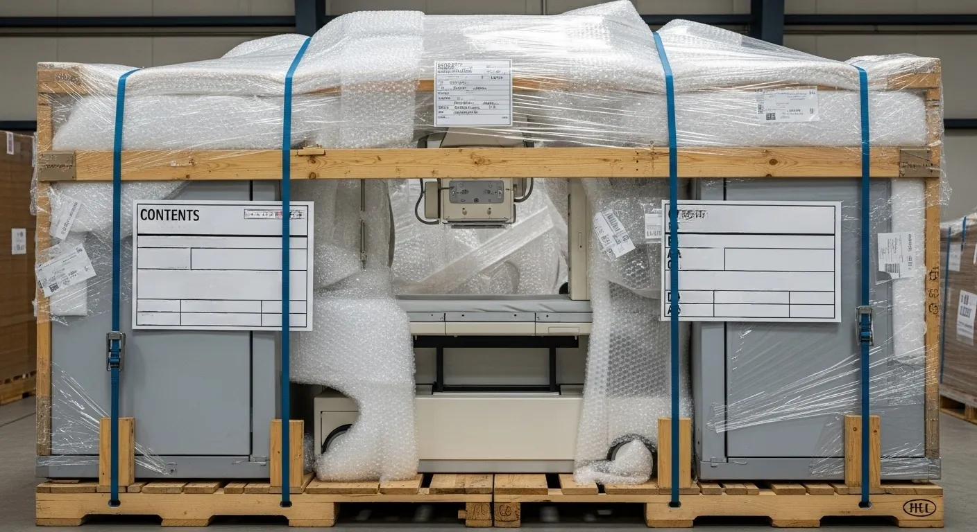 A medical machine packaged for freight shipping
