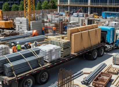 flatbed truck in a middle of a construction site