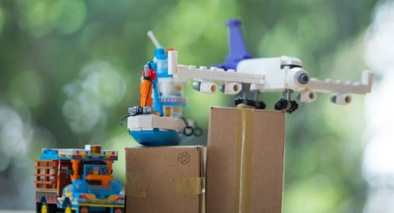 legos near shipping boxes