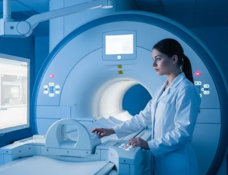 AI image of a female doctor using an MRI machine