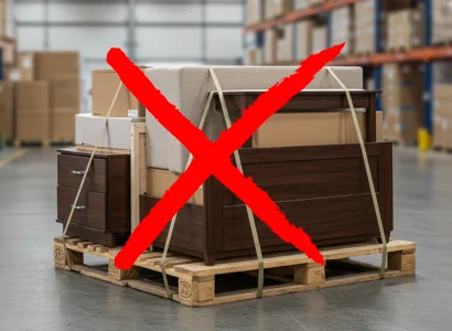 unprotected furniture on a pallet in a warehouse setting