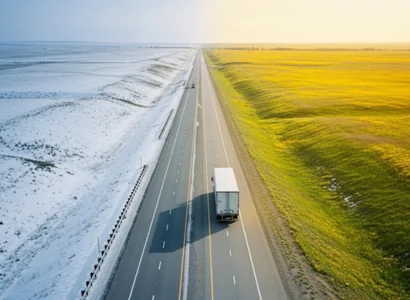 aerial view of truck on highway with one side winter and other side spring