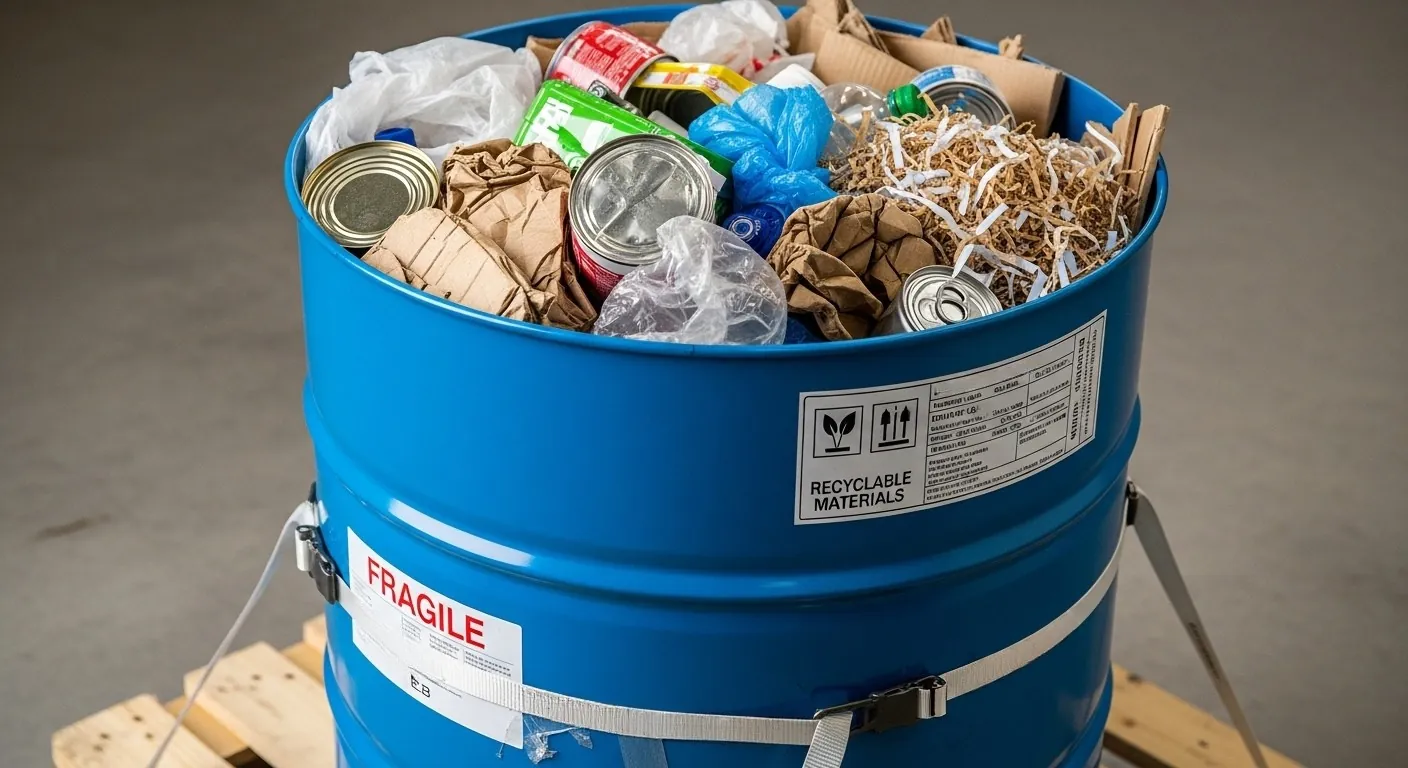 Recyclable material in a blue drum strapped to a pallet for freight shipping