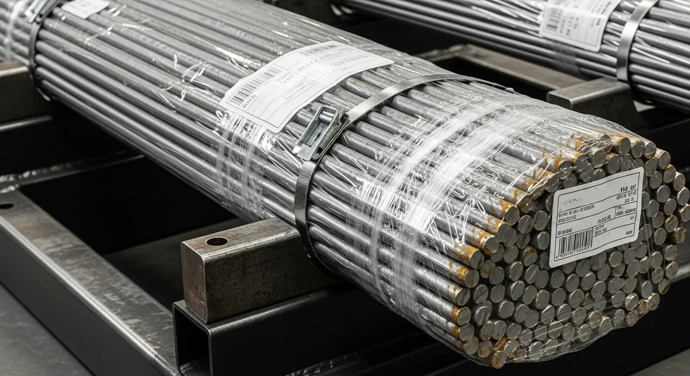 Metal rods bundled and wrapped for freight shipping