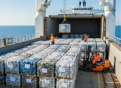 AI image of dockworkers loading waste and recyclable material onto a cargo ship