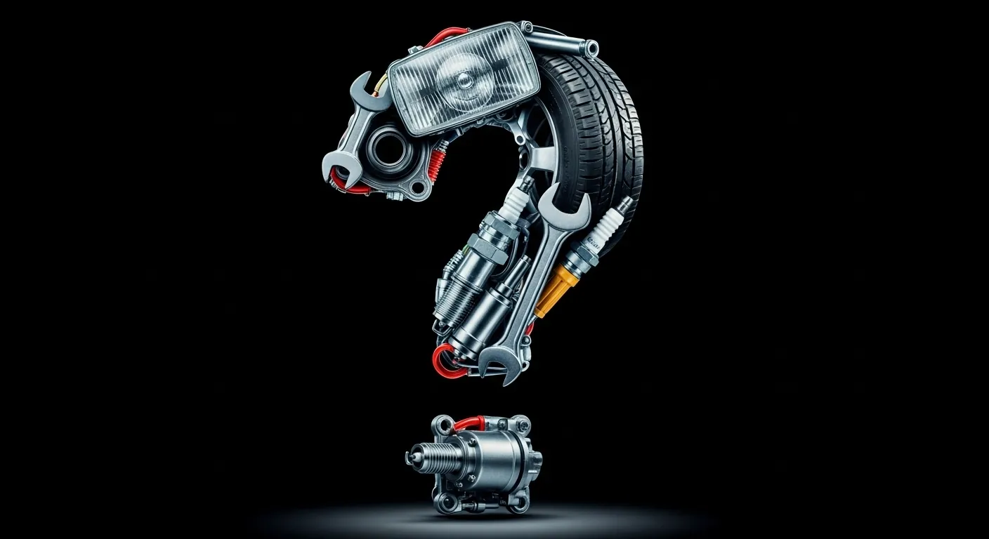 An AI image of question mark made out of automotive components and accessories.