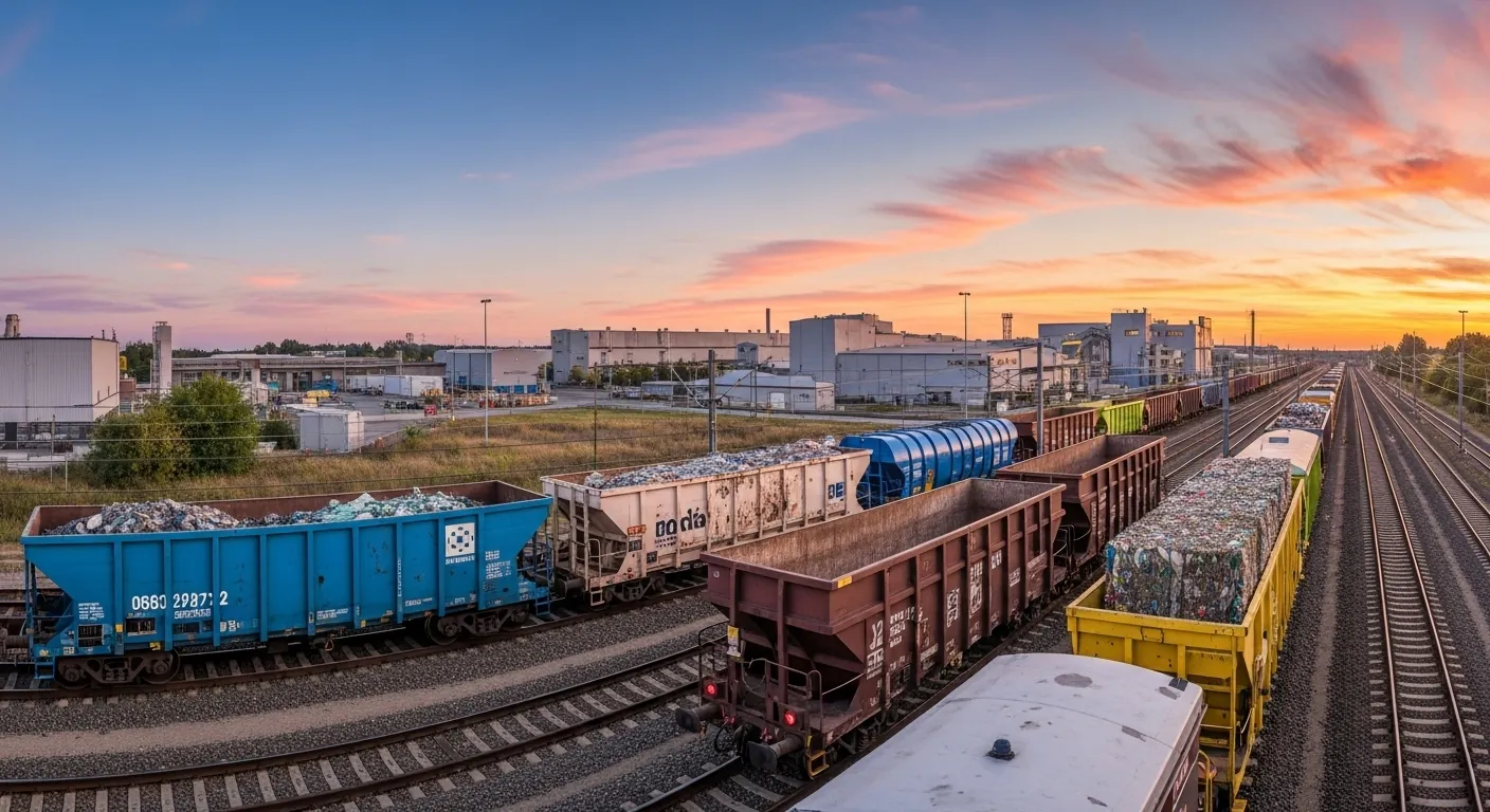 Waste and recyclable materials being shipped on multiple rail cars during dusk.