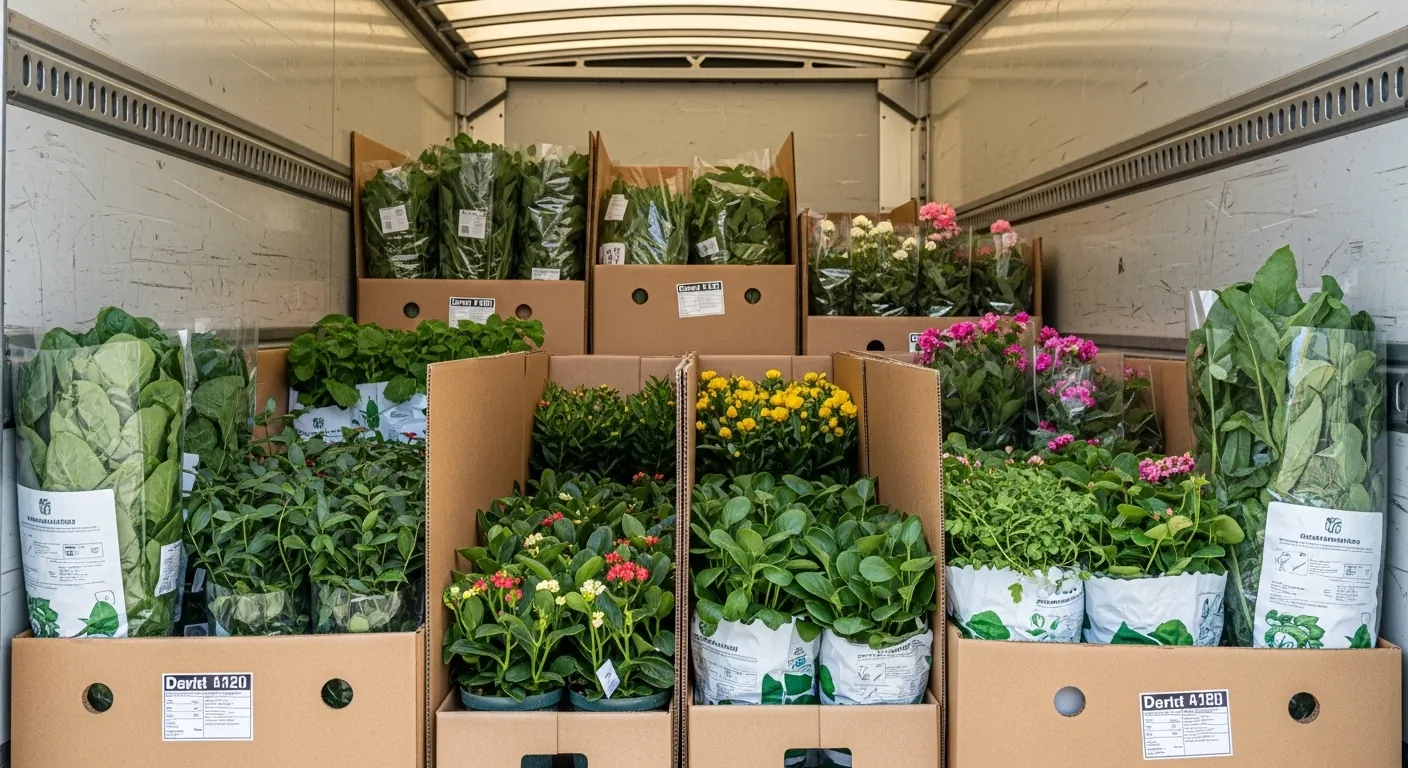 Various types of plants in the back of a freight truck