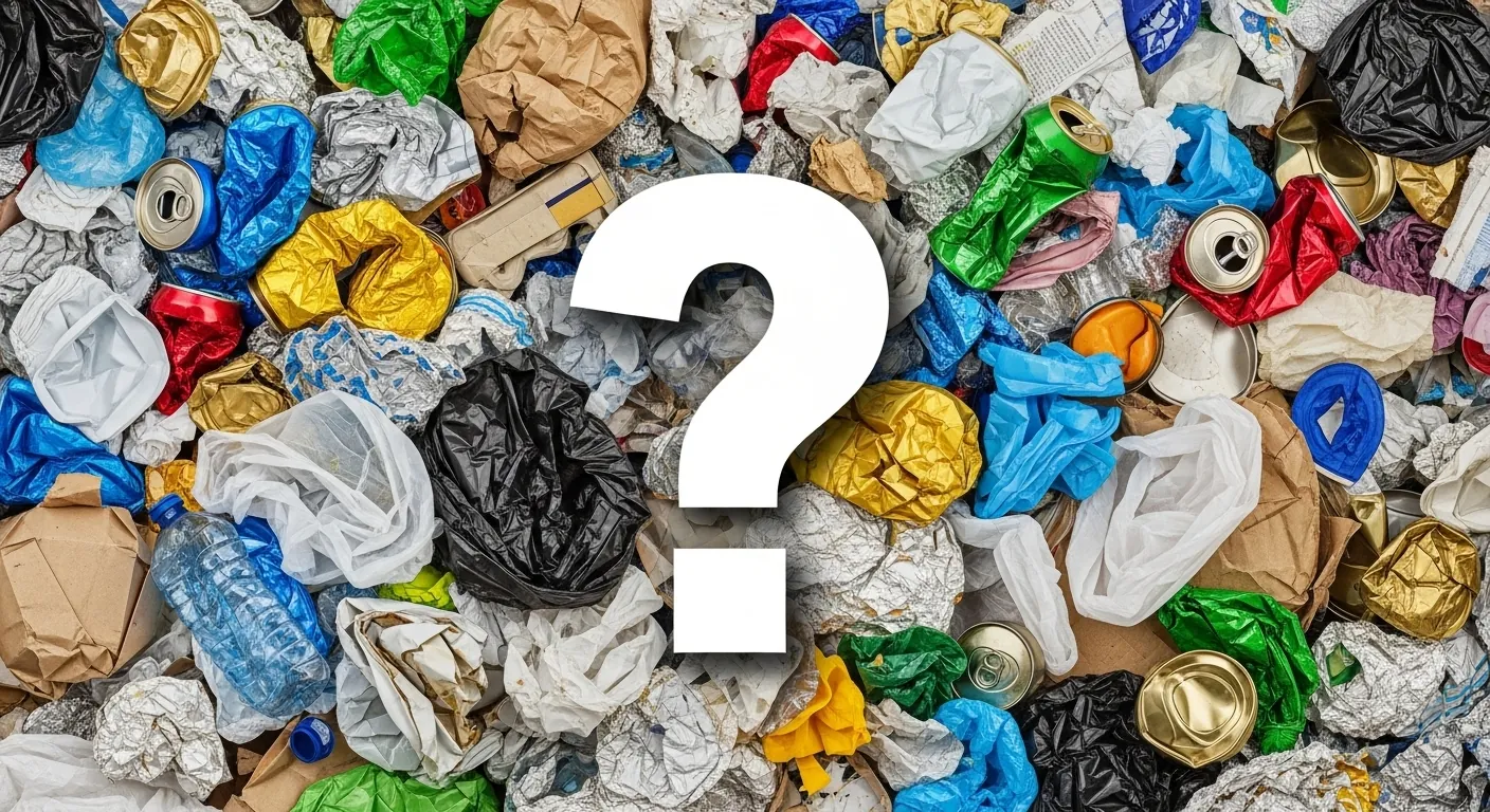 Background of waste and recyclable materials with a white question mark in the center
