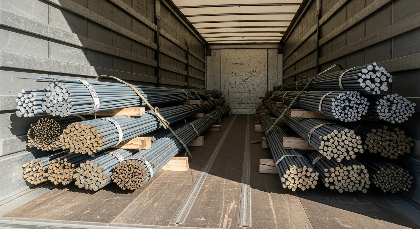 Metal rods stacked in the back of a truck