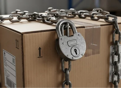 AI image of a cardboard package with chains a lock around it