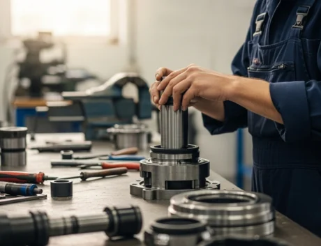 a worker putting together machine parts