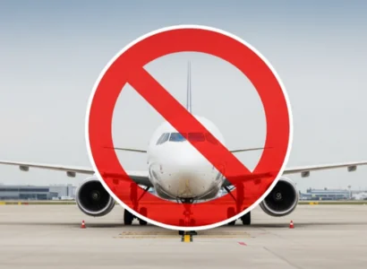 A white airplane with a red prohibited sign over it