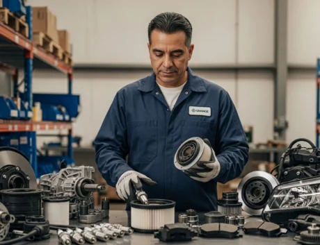 AI image of an autoworker handling automotive components and accessories