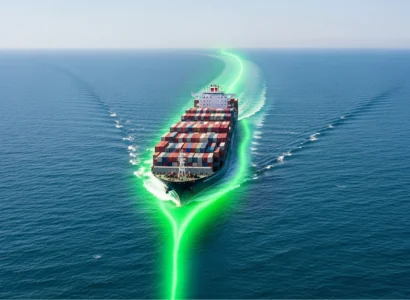 A cargo ship sailing along a green trail