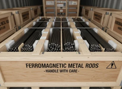 AI image of ferromagnetic metal rods in a crate