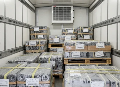 Machine parts packaged in a reefer van