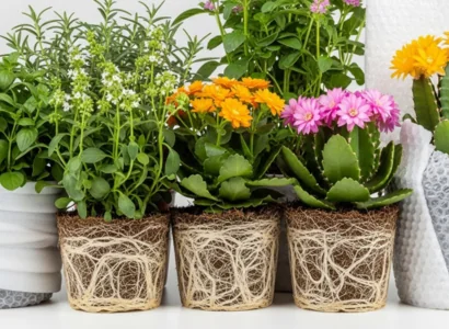 Plants with their roots showing, wrapped for shipping