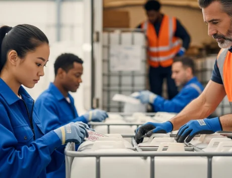 Warehouse workers handling chemical intermediate shipments