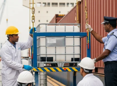 AI image of a border patrol agent and shipper inspecting a container of chemical intermediates