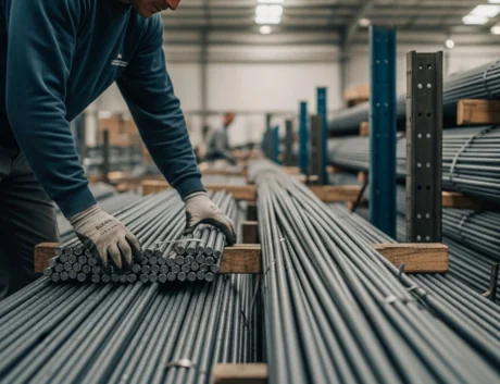 Ai image of a person handling metal rods in a warehouse